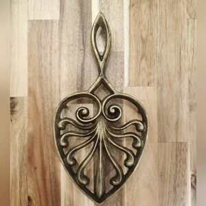 Vintage Brass Heart Shaped Trivet With Handle / Feet